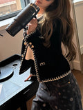 Jennie The Same Hand Nail Lace Collar / Strip Velvet Chain Coat Autumn Coat Black