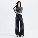 Early Autumn Retro Dark Broad-Legged Straight Jeans Women 2025 New Lazy Loose Drag Trousers