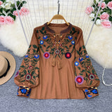 Spring And Autumn Retro National Style Temperament Long-Sleeved Round Collar Collar Embroidered Loose Shirt Female Air Doll Shirt