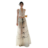 Tyrand Travel Vacation Wear Design Atmosphere Perspective Folded Neck Vest Open Back Skirt Suit