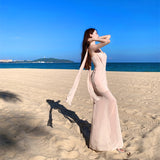 2025 Wine Red High-End Mesh Ribbon Folds Design Asymmetric Fish Tail Dress Sexy Dress