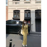 Korean Version Of Yellow Long-Sleeved Knitted Dress Women's Autumn Slime Temperamental Ass Dress Body To The Waist Long Skirt