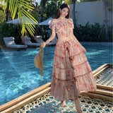 2025 Large-Size French Pure Lust Lotus Leaf Side By The Word Shoulder Dress Woman Summer Fat Vacation Half Skirt Broken Flower Set