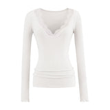 Lace V Collar Inside The Bottom Shirt Women's New Low-Collar Pure Sexy Tea Art Long-Sleeved White Top