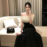 2025 New French High-End Birthday Party Dress Black And White Collage Splicing Word Shoulder Pure Lust Dress