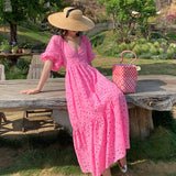 2025 Summer Dress New Gentle Style Retro Deep V-Neck Hollow Bubble Sleeve Short-Sleeved Dress Sweet Holiday Dress
