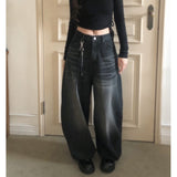 Korea Dongdaemun INS Retro After The Letter Design Feel Black Gray Loose Jeans LanÊÝ Trousers
