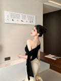 French Babes Ribbon Slanted Shoulders Short-Sleeved T-Shirts In The Summer New Design Sense Of Irregular Thin Temperament Top