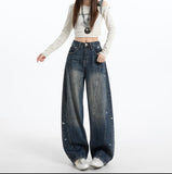 2026 Spring New Full Star Glitter High-Rise Loose Broad-Legged Jeans Women Thin Straight Tube Trousers