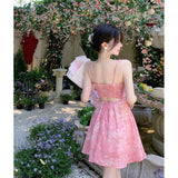 2025 New Pink Romantic Floral Dress Summer Slim Short Dress Small Sling Dress