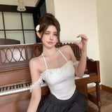 265# Human Cotton Pure Lust Wind Lace A Word Shoulder Hanging Neck Bow With Chest Cushion Small T-Shirt Girl Summer Hottie Wear
