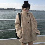 Korean Chic Winter Retro French Temperament Standing Collar Warm Loose Fur Coat Coat 2 Colors