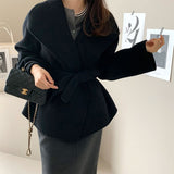 Korean Chic Autumn And Winter Retro Temperament Simple High-End Feeling Big Collar Strapped Haired Coat 2 Colors