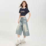2025 Summer Denim Shorts Women New Retro Old Star Print Loose Seven-Point Pants