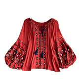 Bohemian Holiday Lantern Sleeve Shirt Female Heavy Industry Embroidery Tidaught Loose Design Sense Literary Temperament Top