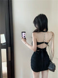 French High-End Sexy Chain V Receive Waist-Loan Back Hanging Neck Summer Pure Temperament Hip Short Dress Woman