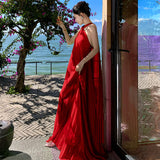 2025 Red Hanging Neck With A Hundred Folding Dress Dress Travel Vacation To Take Pictures Of The Folds Of Sanya Beach Dress