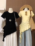Casual Lazy Wind In Short-Sleeved T-Shirt Women's Summer New Shoulder Shirt Cover Body Slimy Yellow Top
