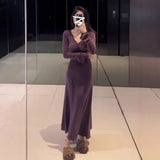 French Purple V-Neck Knitted Dress Women Early Autumn 2025 New Bottom Slim Dress