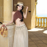2026 Wave Roost Holiday Vintage White Dress + Hanging Neck-Lved Shoulder Dress Sexy Bare Back Sling