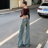 Heavy Retro Blue Bamboo Trumpet Micro-Tipped Jeans Women Do Not Stick To Legs Low-Rise Loose Trumpet Trousers Wide Leg Trousers