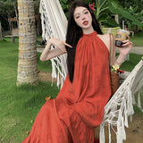 2026 New Chinese Style Retro Red Hanging Neck Dress Summer Temperament Simple Yunnan Tourism Holiday Dress