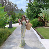 Seaside Vacation Pure Green Crumb Print Sling Bosom Long Dress Beautiful Island Out Of The Beach Dress Woman