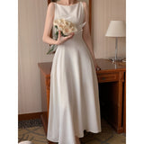 Korean Chic Gentle Wind And Light Luxury High-Level Shoulder Design Sense High Waist Thin Sleeveless Long Dress 3 Colors