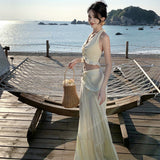 Sexy Babes Fashion Suit Woman Collar Hanging Neck Sling Vest High-Waisted Splicing Long Skirt Two Sets