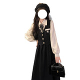 French College Style Black Dress Woman's New Spring And Autumn Teaching Interview Art Exam Adult Ceremony Fake Two Skirts
