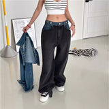 Fashion Personality Design Waist-Head-Collage Jeans Korean Version Of Niche Street Splicing Loose Black Straight Jeans