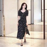 Smashed Floral Dress Woman 2025 Summer New French Bubble Sleeve Large Black Open Fork To Collect The Waist Thin Long Skirt