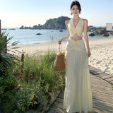Sexy Babes Fashion Suit Woman Collar Hanging Neck Sling Vest High-Waisted Splicing Long Skirt Two Sets