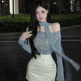 2025 Autumn And Winter New Pure Lusty Temperament Shoulder-To-Shoulder Ribbon Design Design Design Of The Long-Sleeved Top Woman