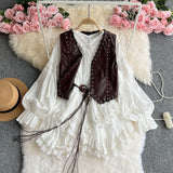 Autumn Dress Muffy Wears Two Sets Of Sweet Lace To Receive Waist Long-Sleeved Dress + Leather Vest