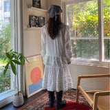 Korean Chic French Small Heavy Craft Pressure Latch Splicing Wooden Ear Shirt + High-Waist A-Word Half-Body Skirt Set