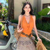 Sexy Collar Folded Collar Hanging Neck Leopard Twill Folded Skirt Design Long Skirt