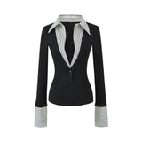 Korean Hottie Fake Two Long-Sleeved Shirt T-Shirt Spliced Fashion Pick-Up Waist Stripes Outside To Put On The Woman