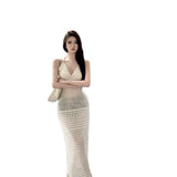 2025 Sexy Temperament Hollow Tie Sling Dress Women's Summer Design Reveals Back Vacation Knit Dress