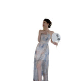 Hanging Neck Print Sling Dress Spring 2025 New Women's Chiffon Open-Back Skirt Tea Simple Color