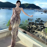 Purple Jade Pure Desire Net Yarn Flowers Hanging Dress Women Summer Super Fairy Seaside Holiday Dress