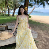 Seaside Holiday Yellow Print Sling Dress Woman 2025 New French Sexy Summer Beautiful Little Dress