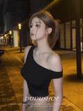 Hot Black Open Shoulder Irregular Short-Sleeved T-Shirt Design Summer Design Repair Height Waist Babes Short Top
