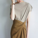 JOJOZ Mustard Mist Texture Cross Design High Waist Side Over The Knee Skirt Temperament Fashionable Girl Dress
