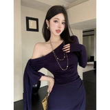 Wine Red Ribbon With Oblique Shoulder Long-Sleeved Dress Women Winter Body-Repair Irregular Dress Pure Want To Pack Hip Dress