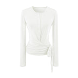 Round Collar Button Micro-Permeable Lace Repair Clothes Summer Straps Thin Long-Sleeved T-Shirt Girl