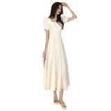 White Gentle Style French Retro Hepburn Style Dress Thin Temperament Waist Collar Bubble Sleeve Dress Woman Summer