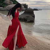 French V-Neck Hanging Neck Dress Dress Women's Seaside Vacation Beautiful Back Sexy Open Fork Showing Skinny Dress Travel