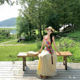 Xinjiang Sichuan West Travel Wearing Dopamine Yellow Lattice Folded Lace Yellow Skirt Three-Piece Set Of Women's Summer