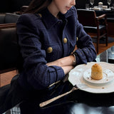 Small Bus Private Clothes Gold Button Coat Lazy High-End Temperament Dark Blue Shoulder Collar Top